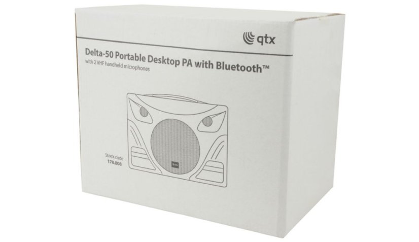 QTX Delta-50, přenosný řečnický systém MP3/BT/FM/2x VHF, 50W