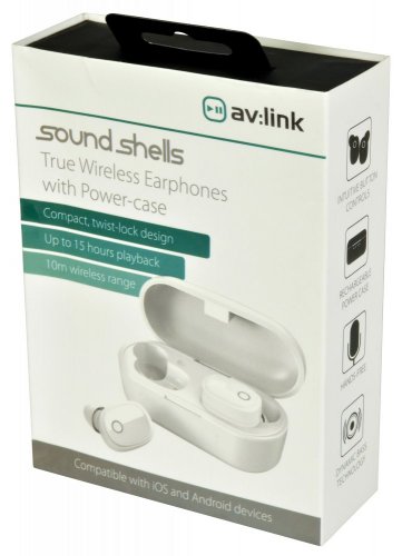 AV:link Sound Shells, bezdrátová Bluetooth sluchátka s nabíjecím pouzdrem, bílá