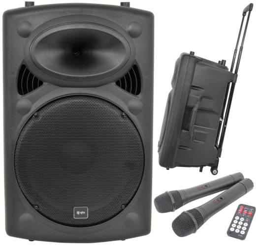 QTX QR15PA, mobilní 15" zvukový systém BT/USB/SD/FM/2xUHF/TWS, 50+50W