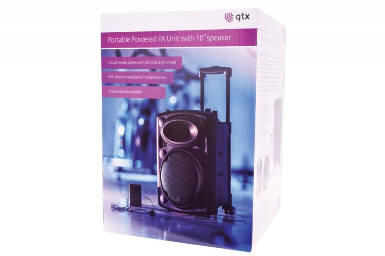 QTX QR10PA, mobilní 10" zvukový systém MP3/VHF, AKKU, 150W