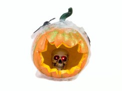Halloween dýně v pavoučí síti s LED lebkou, 25 cm - DOPRODEJ Halloween dýně v pavoučí síti s LED lebkou, 25 cm - DOPRODEJ