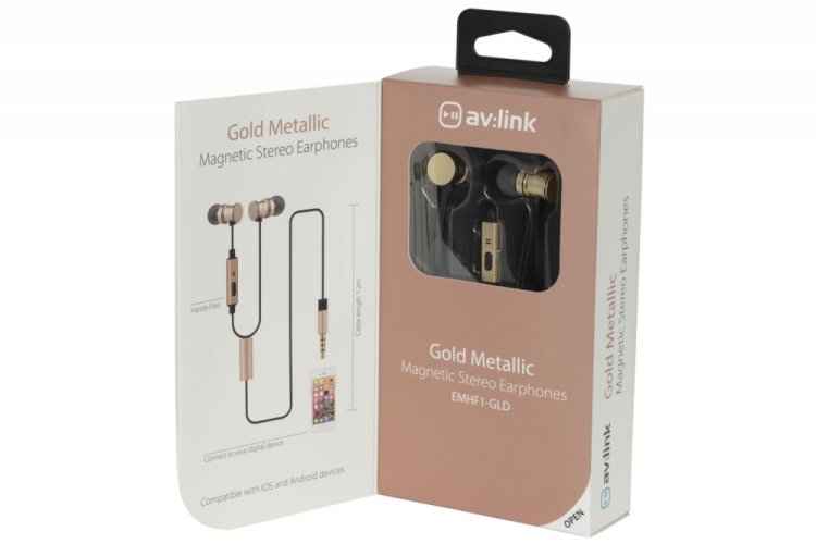 AV:link sluchátka In-Ear Magnetic, hands free, zlatá metalíza