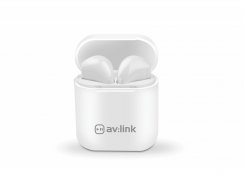 AV:link Ear Shots, bezdrátová Bluetooth sluchátka s nabíjecí stanicí, bílá