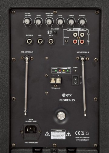 QTX BUSKER-15 mobilní 15" řečnický a zvukový systém MP3/FM/BT/VHF, AKKU, 100W
